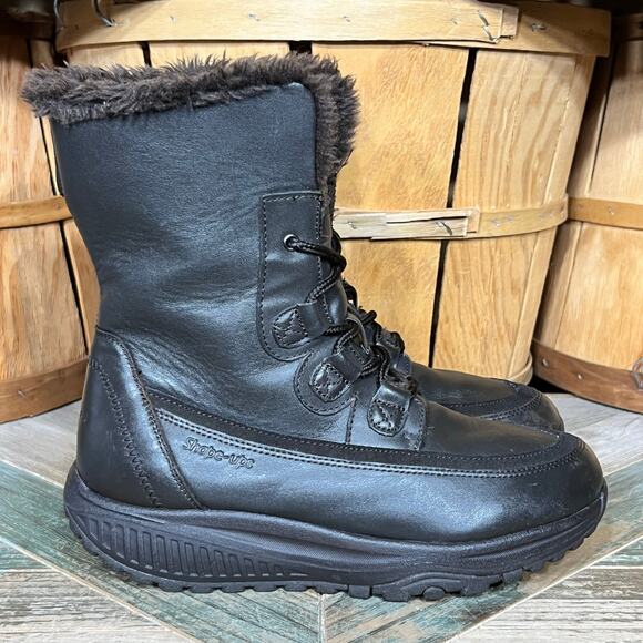 Skechers Shape-Ups Brown Leather Faux Fur Lace-Up Winter Boots Womens Size 8.5 - Picture 1 of 11